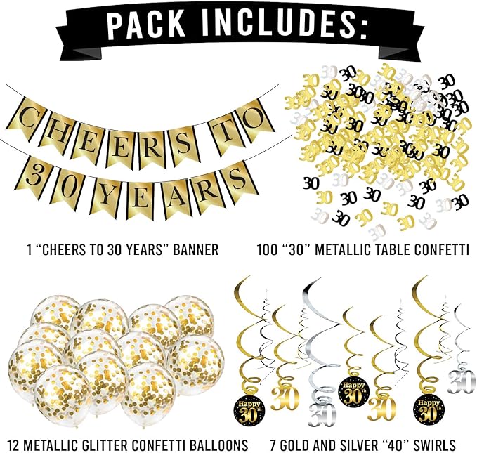 30th Birthday and Anniversary Decorations Party Pack - Pre-Strung Banner, Balloons, Swirls - 30th Birthday Decorations for Him or Her - Party Supplies and Gifts