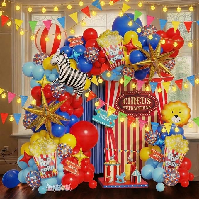 Carnival Circus Balloon Arch Kit,146Pcs Red Yellow Blue Balloon Garland with 4D Red White Stripe,Popcorn,Zebra,Lion,Explosion Star Foil Balloons for Birthday Carnival Circus Theme Party Decorations