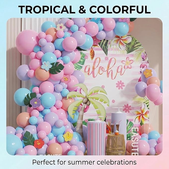Moana Birthday Decorations Pink Purple and Blue Balloon Arch Kit with Summer Hibiscus Stickers for Tropical Hawaii Luau Tiki Magic Theme Party Supplies