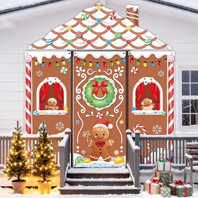 4pcs Gingerbread House Door Cover Decorations, Christmas Gingerbread Door Banner Backdrop for Christmas Holiday Party Decor, 110.24 * 98.43 in