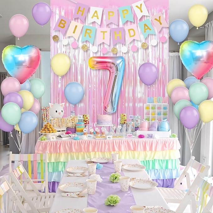 7th Birthday Decorations Rainbow,Gradient Number 7 Balloon,Pastel Happy Birthday Banner Fringe Curtain Heart Foil Balloons Boys Girls 7 Year Old Decor