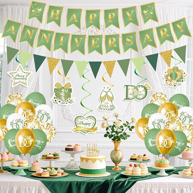 Green Happy Anniversary Decorations, Sage Green Happy Anniversary Banner Balloons First Year Anniversary Hanging Decor Wedding Party Backdrop for Marriage Celebrations Surprise Events Party Supplies