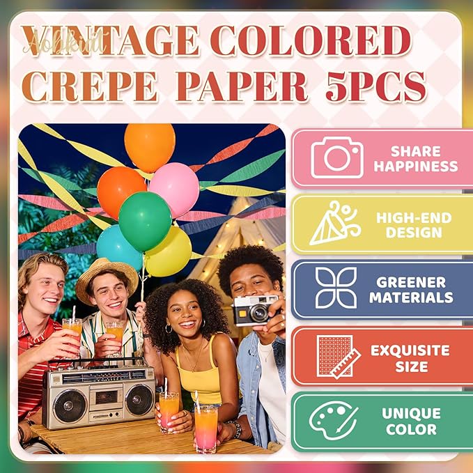 AOBKIAT Colorful Streamers Party Decorations,5 Rolls Vintage Rainbow Crepe Paper Streamers for Birthday,Candyland Theme Baby Shower,Fiesta,Wedding,Christmas,DIY Craft Crepe Paper,1.8 Inch x 82 Ft/Roll