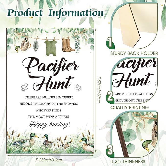 Thyle 51 Pcs Mallard Duck Pacifier Hunt Baby Shower Games Include Hunt Sign and 50 Acrylic Pacifiers for duck hunting Baby Shower Game Decoration Sets Gender Reveal newborn announcement Party Decor