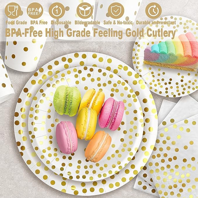 AIRE 350PCS White and Gold Paper Plates Party Supplies for 50 Guests Disposable Party Decorations Dinnerware Gold Paper Plates Napkins Cups Gold Plastic Forks Knives Spoons for Wedding Birthday