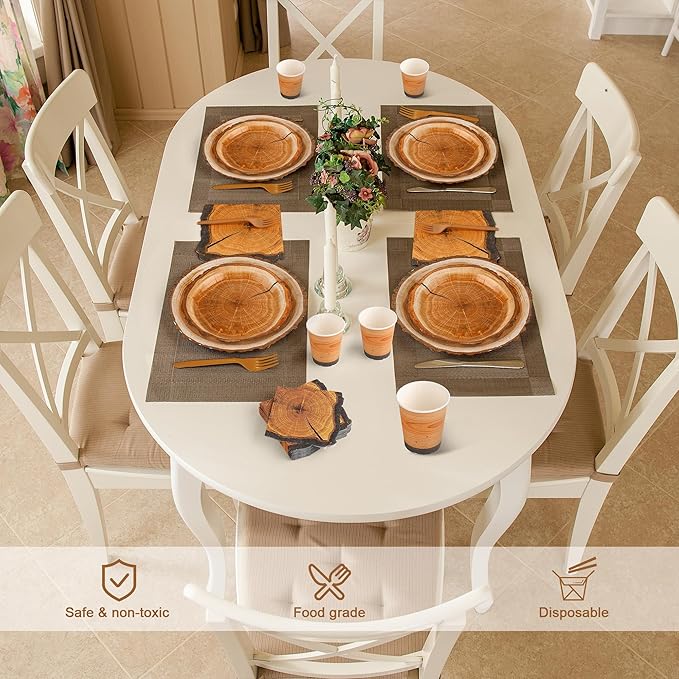 Kochorie 144 Pieces Rustic Wood Party Supplies, Wood Grain Slice Tableware Sets Including Disposable Paper Plates Napkins Cups Forks Serves 24 for Camping Birthday Forest Themed Party Decorations