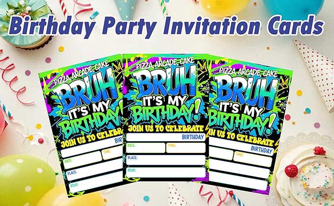 CLIRBE Bruh Birthday Party Invitations, Glow Neon Invited Birthday Invitations For Brother Bro Teen Boys, 20 Invites Cards With 20 Envelopes, Party Supplies Favors -H01