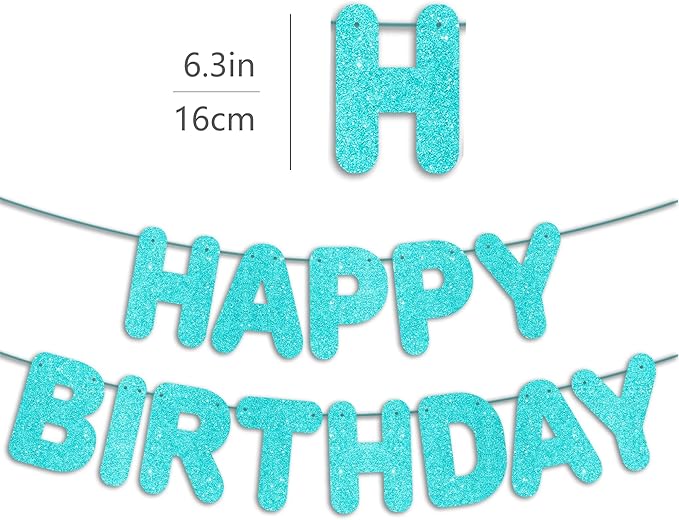 Pre-Strung Happy Birthday Banner - Teal Glitter Banner, Turquoise Birthday Party Decorations & Decor, Under The Sea Backdrop Sign