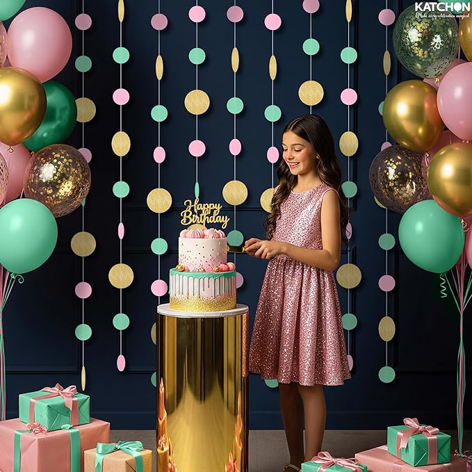 KatchOn, Circle Dots Paper Garland - 65 Feet, Pack of 5 | Colorful Birthday Garland for Pink Gold Birthday Decorations | Gold Hanging Decorations for Wedding, Baby Shower, Bridal, Classroom Decor