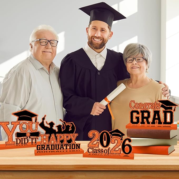 4Pcs Graduation Decorations Class of 2026 Wood Table Centerpieces Congrats Grad Wooden Sign Graduation Table Toppers Congratulate Tiered Tray Decor for 2026 Graduation Party (Orange-Black)