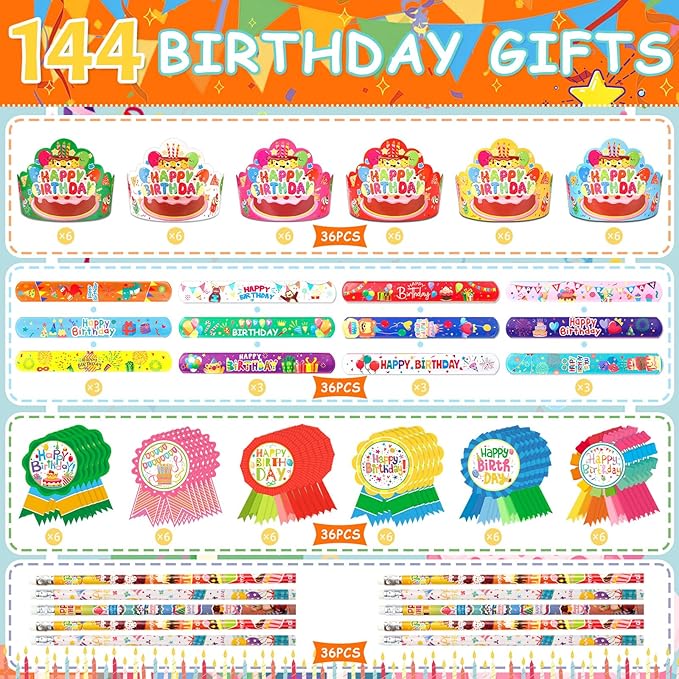 144 PCS Birthday Crowns for Kids Classroom Include 36 Colorful Birthday Paper Hats with Elastic Band 36 Badge Stickers 36 Slap Bracelets and 36 pencils for Classroom School Party Supplies