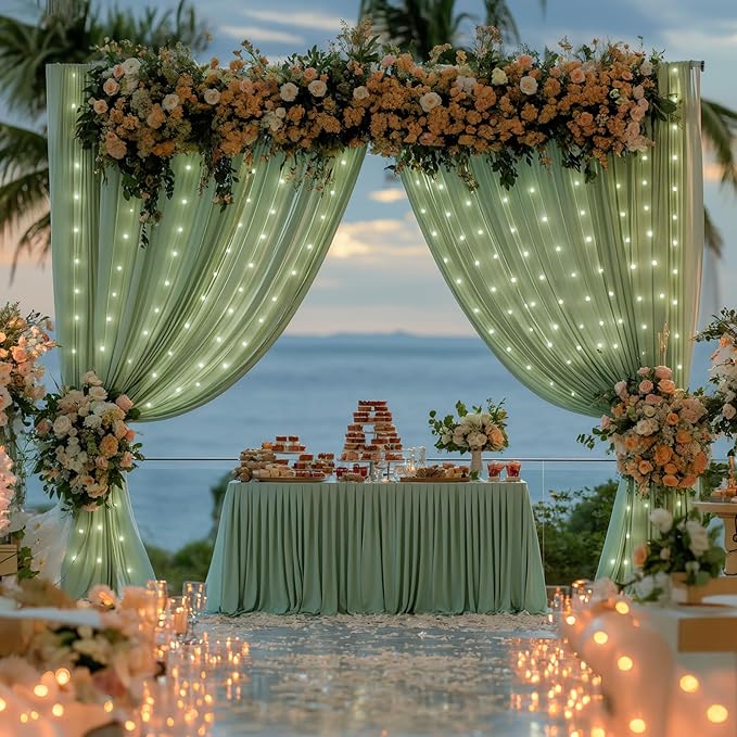 Sage Green Backdrop Curtains with Lights,10x10FT Wrinkle Free Photo Curtains Backdrop Drapes Fabric for Baby Shower Birthday Ceremony Reception Home Party Decorations-5ft x 10ft,2 Panels