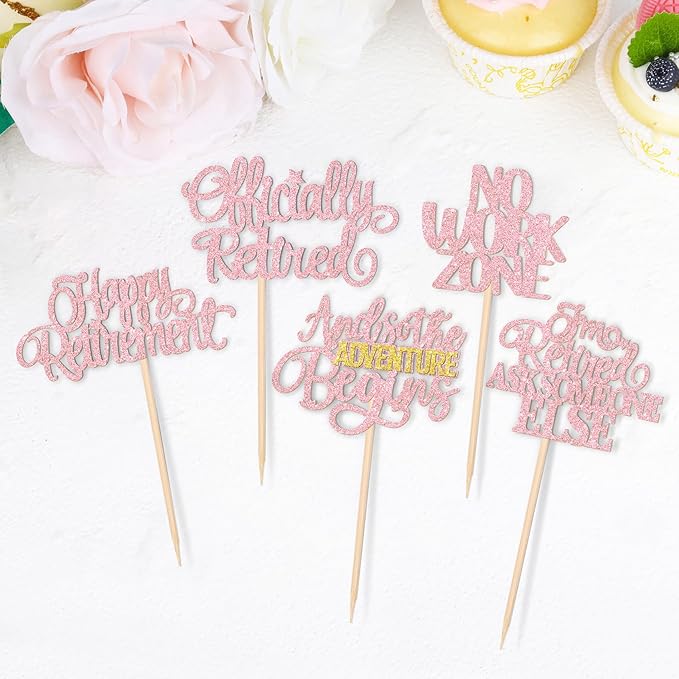 30 PCS Happy Retirement Cupcake Toppers Officially Retired Cupcake Picks No Work Zone Adventure Begins Cake Decorations for Retirement Theme Farewell Birthday Party Decor Supplies Pink