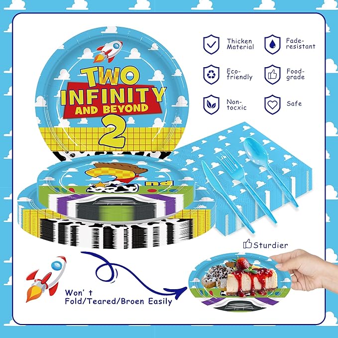 168Pcs Cartoon Story 2nd Birthday Paper Plates Napkins Disposable Tableware Set Two Years Old Birthday Party Supplies for Boys Birthday Party Serve 24 Guests