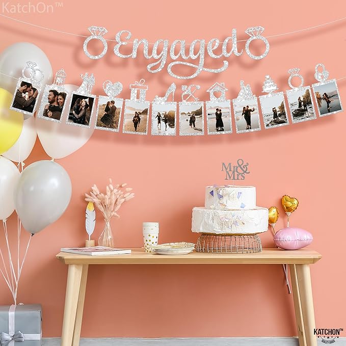 KatchOn, Silver Glitter Engaged Photo Banner - 2 String, 10 Feet, No DIY | Silver Engagement Party Decorations | Engagement Photo Banner for Bachelorette Party Decorations | She Said Yes Decorations