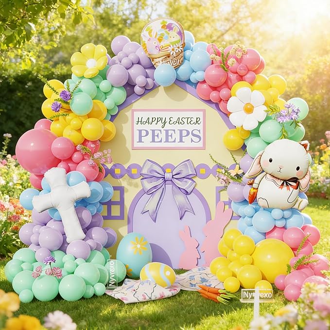 Easter Decorations Indoor Outdoor, 160Pcs Rainbow Pastel Eatser Balloons Arch Garland Kit with Cross Bunny Daisy Foil Balloons for Rabbit Theme Spring Decoration