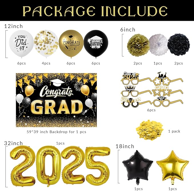 Graduation Party Decorations Black Gold, Graduation Decorations Class of 2025 with Backdrop, Graduations Party Balloons, 2025 Number Balloons, Grad Eyeglasses for Grad Party Supplies 2025