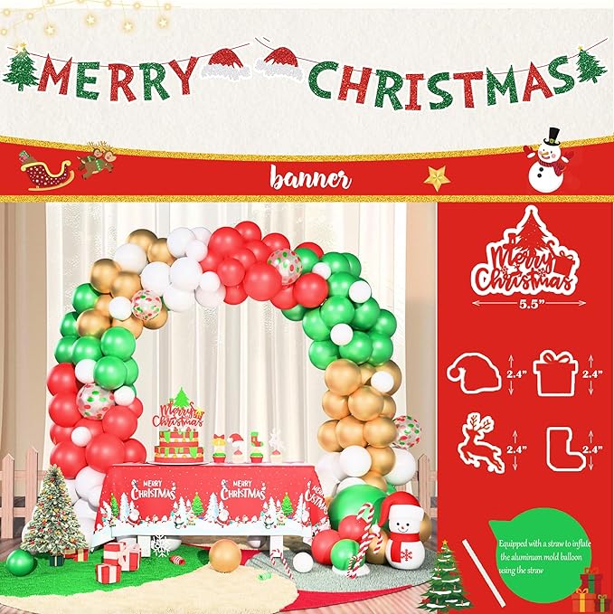 Merry Christmas Party Decorations Kit, Christmas Balloon Garland Arch With Red Green Gold Snow Santa Party Supplies Banner Topper Backdrop Tablecloth - Winter Holiday Indoor Outdoor Home Decor