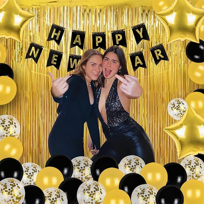 New Years Eve Party Supplies 2026, 2026 Happy New Year Banner Gold Fringe Curtains Black Gold Balloons for Happy New Year Decorations 2026 NYE Party Supplies
