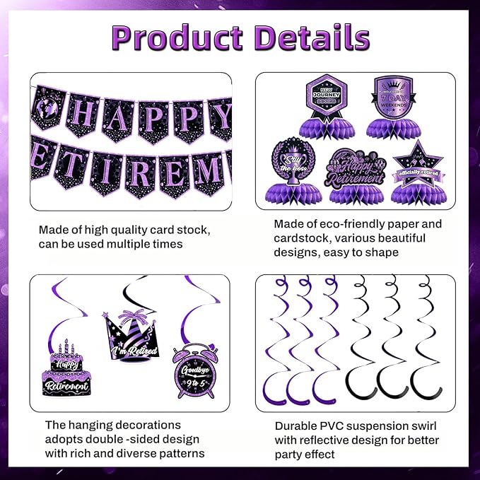 12Pcs Retirement Party Decorations for Men Women Purple Black Happy Retirement Banner Honeycomb Centerpiece Swirls Party Supplies Retired Farewell Party Set Work Graduation Party Decorations