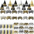 Jenaai 96 Pcs New Year Eve Party Supplies 2026 Happy New Year Eve Party Favors Include Paper Glasses Cone Hats Black Silver Gold Headbands Blowers Noisemakers for Holiday Decors Photo Prop Accessories