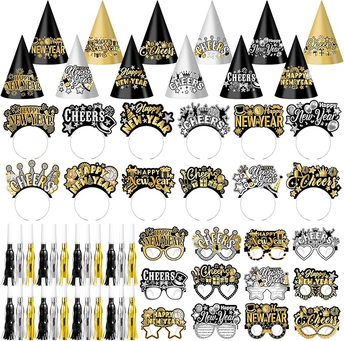 Jenaai 96 Pcs New Year Eve Party Supplies 2026 Happy New Year Eve Party Favors Include Paper Glasses Cone Hats Black Silver Gold Headbands Blowers Noisemakers for Holiday Decors Photo Prop Accessories