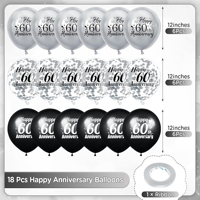 60th Anniversary Balloons 18Pcs Black Silver 60th Anniversary Party Decorations for Women Men Black Silver 12Inch Happy 60 Latex Confetti Balloons for Indoor Outdoor Party Supplies