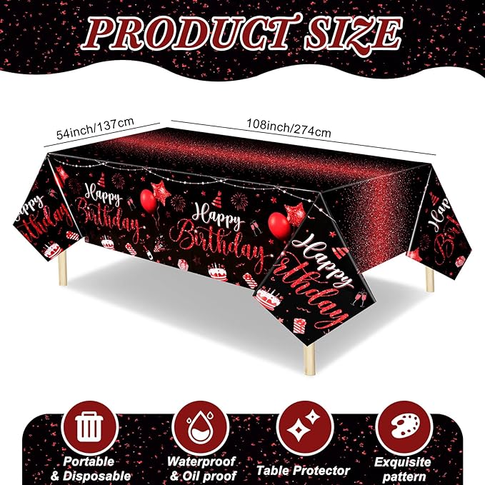 Tudomro 1 Pcs Happy Birthday Tablecloths Happy Birthday Party Decorations Plastic Table Cover Rectangular Cloths for Women Men Baby Shower Party Supplies, 108 x 54 Inch (Black Red)