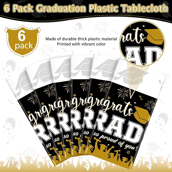 6 Pack Graduation Tablecloth Party Decorations, Class of 2026 Congrats Grad Plastic Tablecover Party Supplies, Black and Gold Rectangle Graduation Table Decor for College High School Party, 54x108Inch