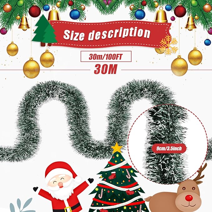 100Ft Christmas Garland - Xmas Tree Decorations, Christmas Tinsel Decorations for Indoor&Outdoor Home Decor, Christmas Metallic Twist Garland Ceiling Hanging Decorations for New Year(Green)
