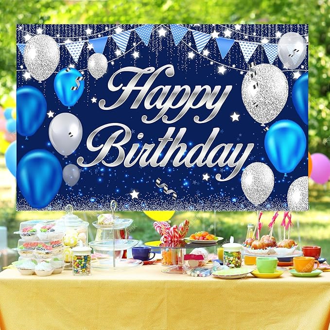 Happy Birthday Banner - Birthday Decorations for Men Women Boys Girls Blue Sliver Birthday Party Banners Welcome Happy Birthday Background Sign Theme Party Decorations Indoor Outdoor