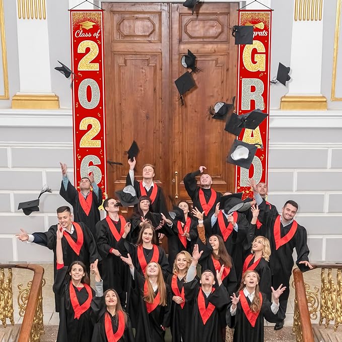 OHOME Graduation Decorations 2026 - Red Gold Congrats Grad Porch Banner for Graduation Party Decorations - Class of 2026 - Party Favors Supplies Backdrop Yard Signs Decor (Red)