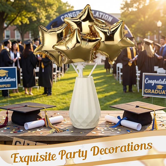 30 Pcs Star Self Inflatable Balloons with Bow Stems Star Foil Balloons Mini Pentagram Decoration for Patriotic Independence Day Graduation Birthday Baby Shower Anniversary(Gold,4 Inches)