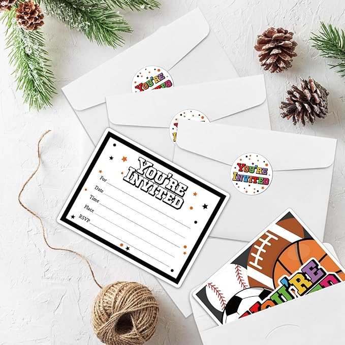 REWIDPARTY Sports Party Invitations with Envelopes & Stickers（Set of 15） Shaped Fill-in Invitations Birthday Party Supplies for Football Soccer Baseball Basketball Party Celebration Cards for Kids