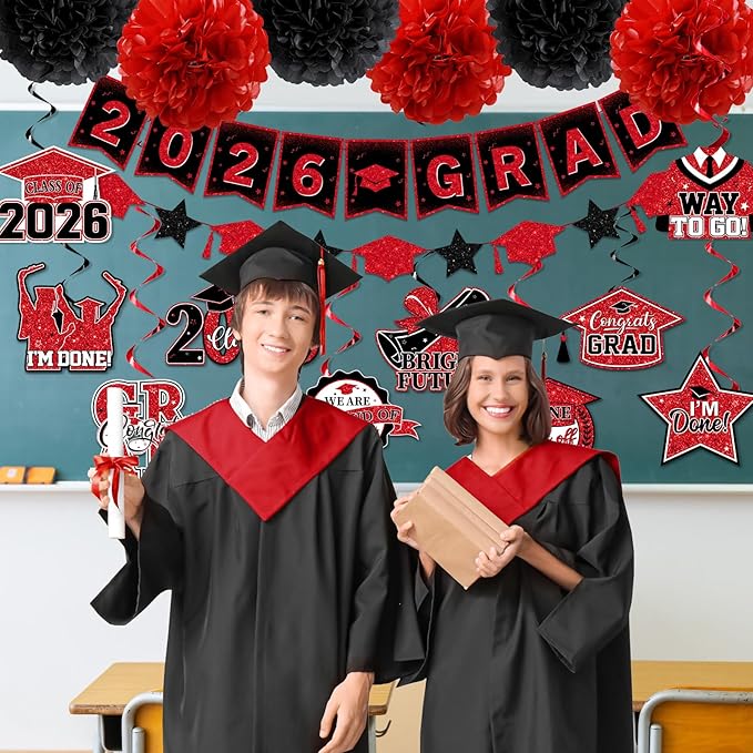 Red and Black Graduation Decorations 2026, 2026 Grad Banner and Congrats Grad Hanging Swirls, Red Graduation Banner Graduations Hanging Swirls College Graduations Party Decorations Class of 2026