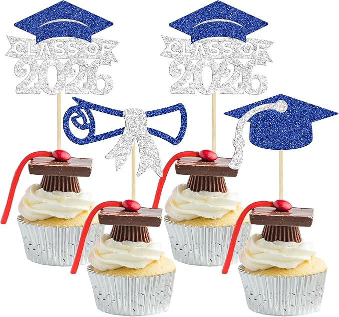Gyufise 24Pcs Class of 2026 Graduation Cupcake Toppers Glitter Diploma 2026 Grad Cap Cupcake Picks for 2026 Theme Party Cake Decorations Supplies Silver Blue