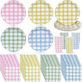72Pcs Gingham Party Supplies 9 Inch Easter Party Colorful Dessert Paper Plates and Napkins Set Easter Disposable Round Picnic Plaid Plates Napkins Cups Checkered Dinnerware Set for Baby Shower Wedding