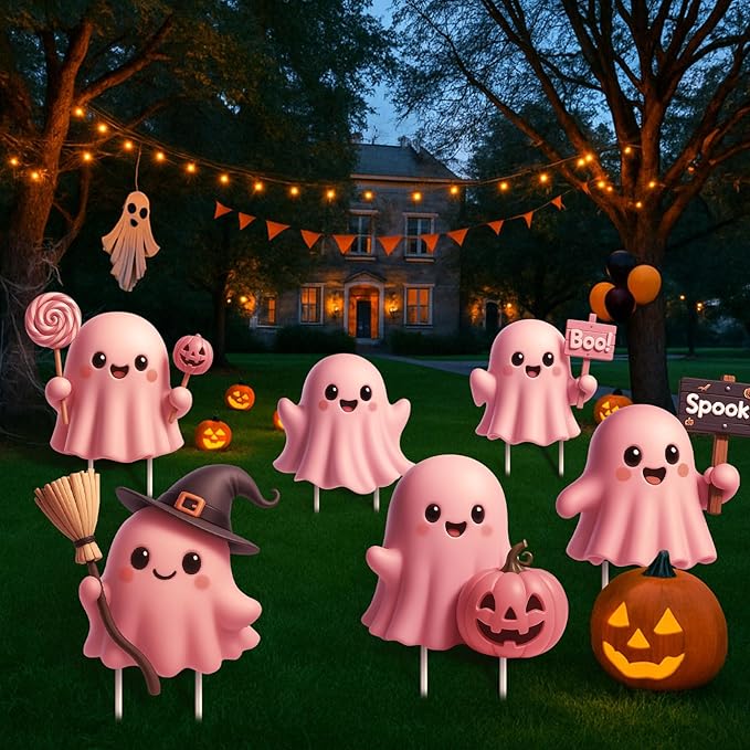 6 Pcs Halloween Ghost Yard Signs Lawn Outdoor Decorations 3D Ghost Yard Stakes for Halloween Home Front Yard Garden Party Supplies (Pink)