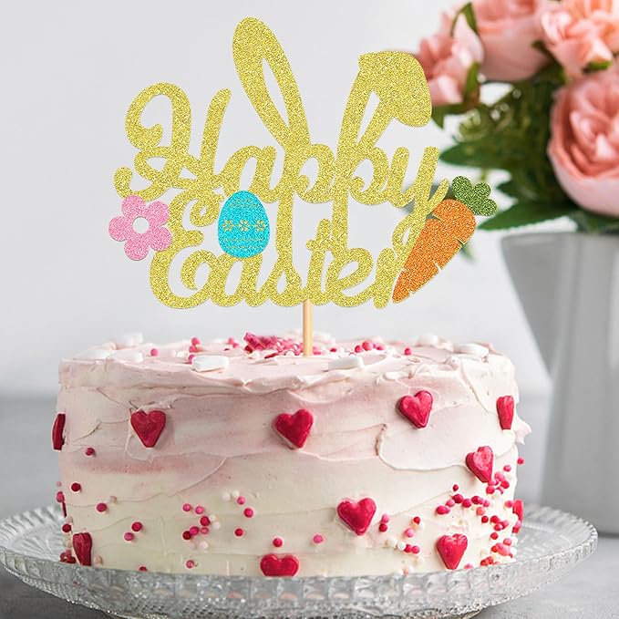 Ercadio 1 Pack Glitter Golden Happy Easter Cake Topper with Bunny Ear Easter Eggs Carrot Cake Pick for Easter Day Party Cake Decorations Table Centerpieces Supplies