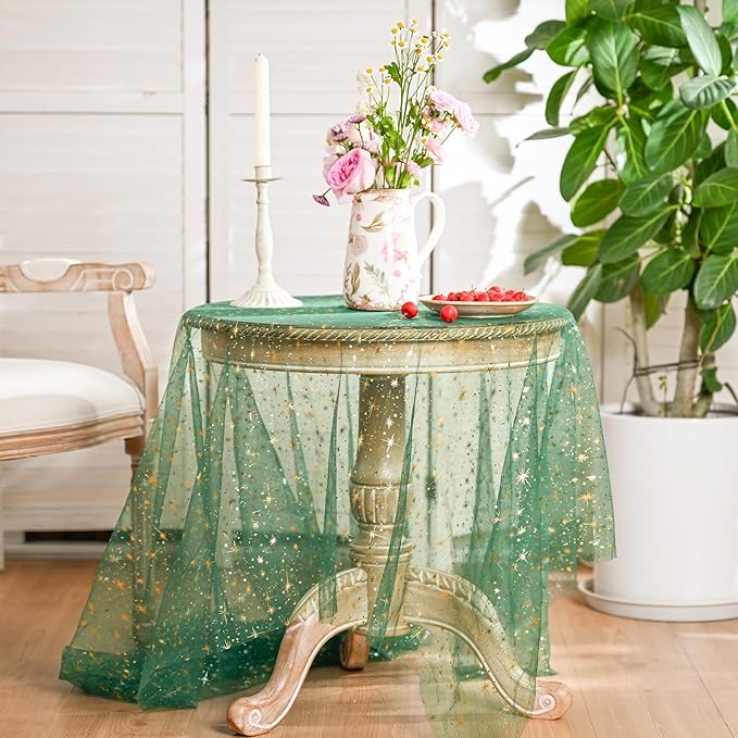 Horaldaily Green Gold Sparkling Star Gauze Tablecloth 60x120 Inch Rectangular, Golden Star Sequin Glitter Metallic Foil, Sheer Tulle Cheesecloth for Wedding Baby Shower Party