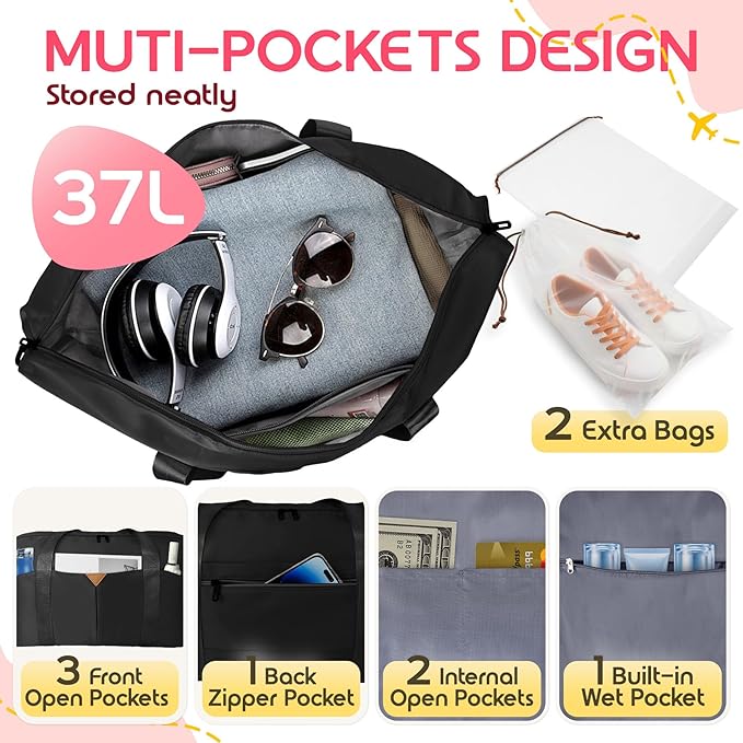 Duffle Bag for Travel, Carry-on Travel Bag with Trolley Sleeve, Sport Gym Bag for Women, Overnight Bag for Men, Hospital Bag for Labor and Delivery (Black)