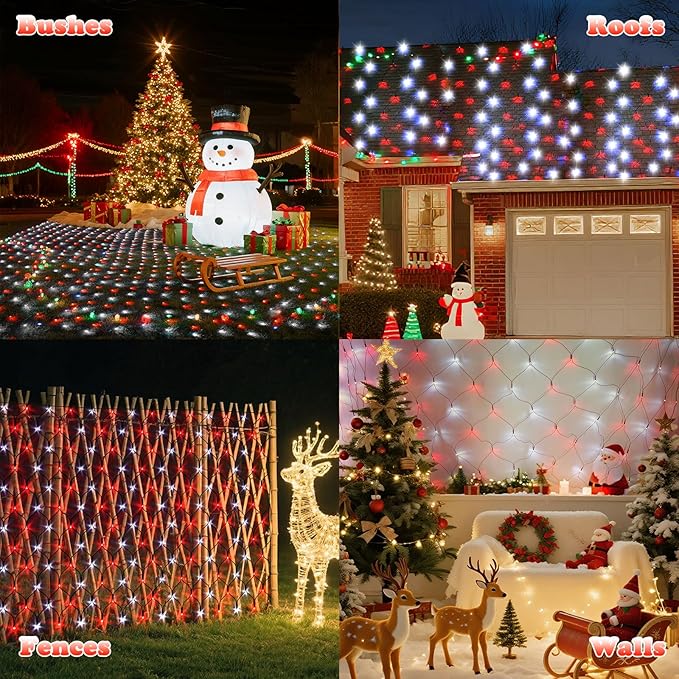 LitHome 14.8FT x 5FT Christmas Net Lights Outdoor, 300 LED Red White Bush Lights 8 Modes, Connectable Waterproof Valentines Net Mesh Light Green Wire for Bushes Shrubs Holiday Valentine's Day Decor