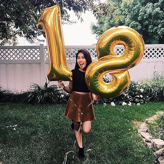 Large Gold 18 Number Balloons, 40 Inch Jumbo Number 18 Balloon, Gold Foil Mylar Balloons for Girl Sweet 18th Birthday Party, Anniversary Decorations