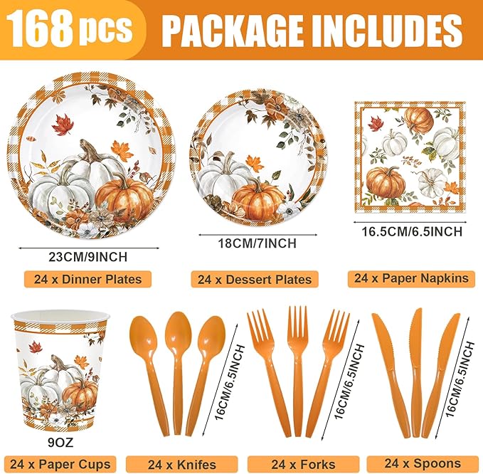 168PCS Fall Pumpkin Party Supplies for Birthday Baby Shower Autumn Watercolor Pumpkin Floral Party Decorations Thanksgiving Harvest Plates Cups Napkins Tableware for Bridal Shower 24 Guests