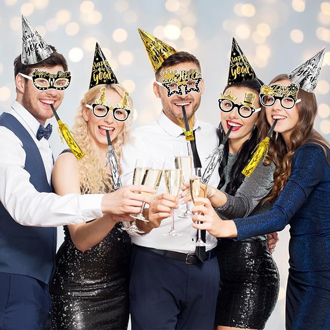 Openfly 36Pcs New Years Eve Party Supplies 2026 Happy New Year Hats Headband Tiara Noise Makers Paper Glasses Party Favors