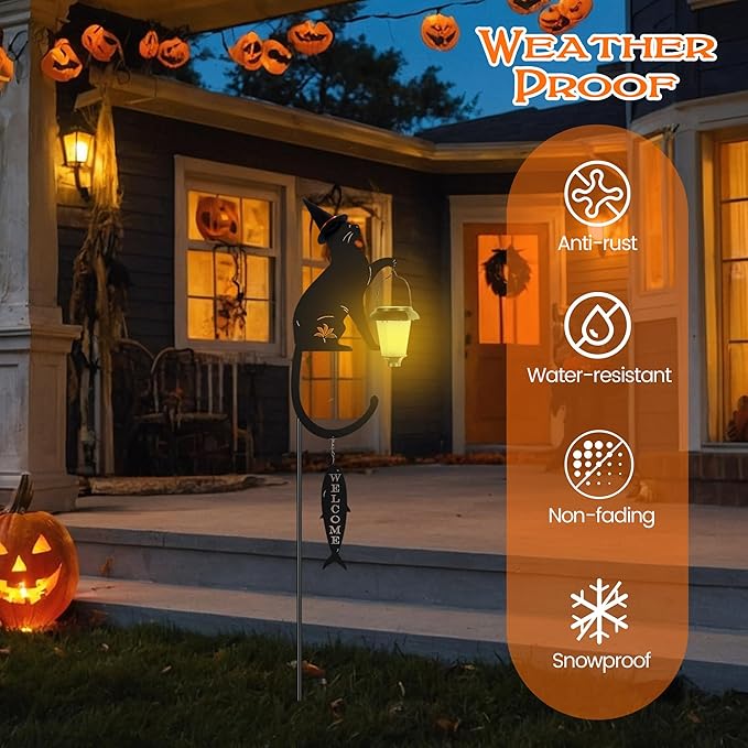 Metal Cat Stake with Solar Light, Outdoor Decorative Black Cat Holding Lantern Garden Stakes with Welcome Sign Halloween Witch Hat & Spider Web for Garden Lawn Yard Pathway Halloween Decor