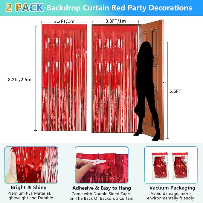 2 Pack Red Streamers Party Backdrop Foil Fringe Curtains Photo Booth Props for Birthday Christmas Wedding Carnival Casino Theme Birthday New Year Holiday Celebration Bachelorette Party Decorations