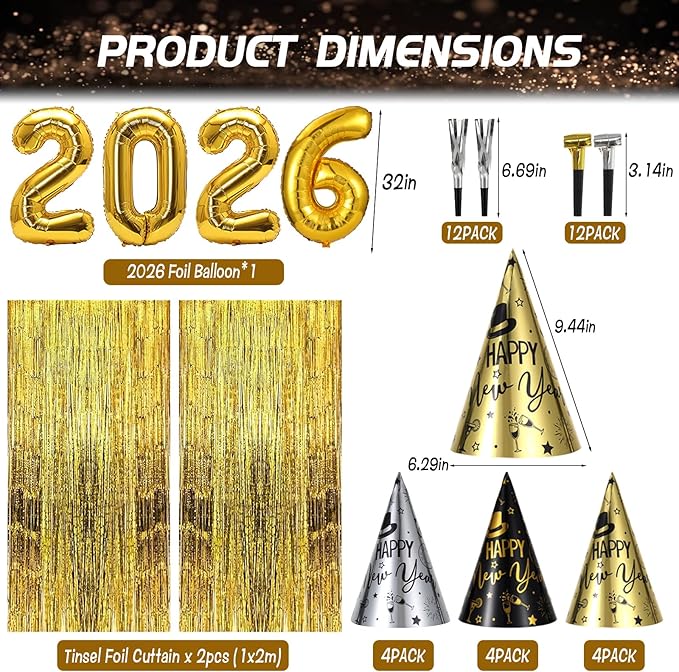 Happy New Year Decorations 2026, New Years Banner Foil Curtain Cone Hats Glasses Photo Props Headband Noisemakers Squakers 2026 Foil Ballons Accessories for Eve Celebration Decorations Favors