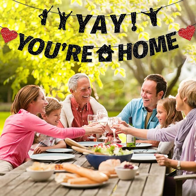 Tellpet Pre-Strung Yay! You’re Home Banner, NO DIY Glitter Welcome Home Decorations for Military Army Returning Homecoming Party, Black