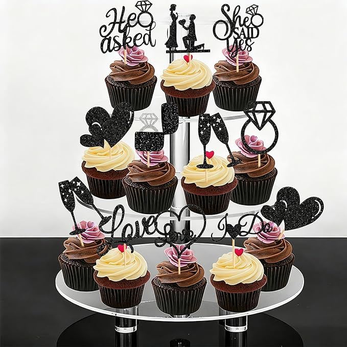60 Pcs He Asked She Said Yes Cupcake Toppers,Engagement Cupcake Toppers Glitter Diamond Ring Heart Love I Do Cupcake Picks for Engagement Wedding Party Cake Decorations,Black